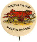 RARE 1898 BUTTON PICTURING “NICHOLS & SHEPARD THRESHING MACHINERY.”