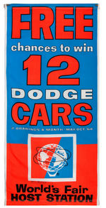 “FREE CHANCES TO WIN 12 DODGE CARS” 1964 NY WORLD’S FAIR BANNER.