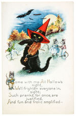 “HALLOWEEN” BLACK CAT WITH WITCH HAT POSTCARD SERIES LOT OF FOUR.