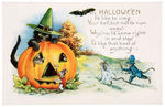 “HALLOWEEN” BLACK CAT WITH WITCH HAT POSTCARD SERIES LOT OF FOUR.