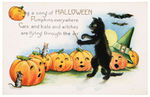 “HALLOWEEN” BLACK CAT WITH WITCH HAT POSTCARD SERIES LOT OF FOUR.