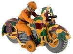 JAPANESE SOLDIER ON CAMOUFLAGED MOTORCYCLE WIND-UP TOY.