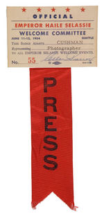 "OFFICIAL/EMPEROR HAILE SELASSIE/WELCOME COMMITTEE" BADGE WITH "PRESS" RIBBON.