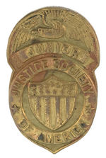 JUNIOR JUSTICE SOCIETY OF AMERICA" IN-HOUSE PROTOTYPE AND PROBABLY UNIQUE 1942 BRASS BADGE.