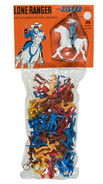 "THE LONE RANGER AND SILVER WITH SADDLE WITH COWBOYS AND INDIANS" PACKAGED FIGURES.