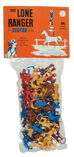 "THE LONE RANGER AND SILVER WITH SADDLE WITH COWBOYS AND INDIANS" PACKAGED FIGURES.