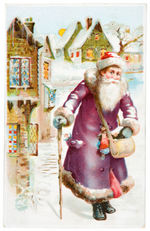 SANTA CLAUS IN PURPLE ROBE HOLD TO LIGHT UNUSED POSTCARD.