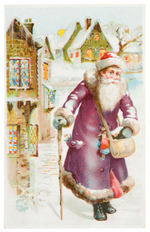 SANTA CLAUS IN PURPLE ROBE HOLD TO LIGHT UNUSED POSTCARD.