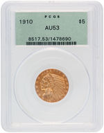 EAGLE INDIAN HEAD 1910 $5 GOLD COIN PCGS AU53.