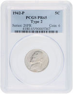 5C JEFFERSON NICKEL 1942-P PCGS PR65 TYPE 2.