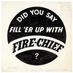 "DID YOU SAY FILL'ER UP WITH FIRE-CHIEF?" GAS STATION ATTENDANT BUTTON ORIGINAL ARTWORK.