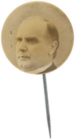 McKINLEY FOUR REAL PHOTO STICKPINS AND RARE CELLULOID FIGURAL CHESTNUT.