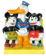 DONALD DUCK WITH MICKEY AND MINNIE MOUSE BISQUE TOOTHBRUSH HOLDER.