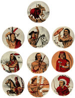 INDIANS AND FRONTIERSMEN 10 BUTTONS IN VAN BRODE AMERICA SERIES COMPLETE SET.