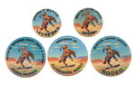 BEAUTIFULLY COLORED C. 1950 RODEO BUTTONS WITH FIVE DIFFERENT IMPRINTS.