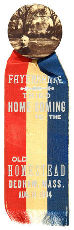 V.P. FAIRBANKS REAL PHOTO BUTTON FOR 1904 "HOME COMING" INCLUDING RARE RIBBON.