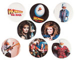 "HOWARD THE DUCK" COMPLETE EIGHT BUTTON SET FROM 1986 PLUS HIS 1976 CAMPAIGN BUTTON.