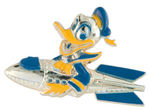 DONALD DUCK IN ROCKET SHIP LARGE RARE 1950s PLASTIC PIN.