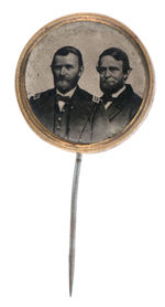 GRANT AND COLFAX UNIFACE FERROTYPE JUGATE ON STICKPIN.