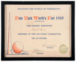 NYWF 1939 CERTIFICATE SIGNED BY PRESIDENT GROVER WHALEN.