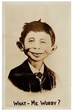 "WHAT - ME WORRY?" ALFRED E. NEUMAN ANCESTRAL REAL PHOTO POST CARD C. 1940.