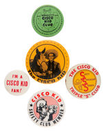 CISCO KID FIVE BUTTONS INCLUDING RARE WRIGLEY'S GUM CLUB BUTTON.