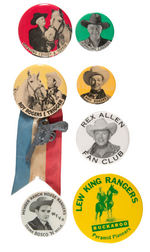 HOPALONG CASSIDY, ROY ROGERS, REX ALLEN AND TWO MISC. GROUP OF SEVEN BUTTONS.