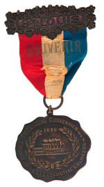 PETERS OVERALLS ADVERTISING ON 1898 LOCOMOTIVE ENGINEERS CONVENTION BADGE.