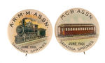 BEAUTIFUL 1901 BUTTONS PICTURING STEAM LOCOMOTIVE AND PASSENGER CAR.