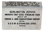 BURLINGTON ZEPHYR STAINLESS STEEL 1934 COMMEMORATIVE MATCHBOX HOLDER.