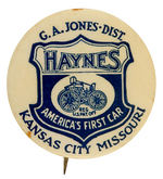 EARLY CAR BUTTON PROMOTING "HAYNES/AMERICA'S FIRST CAR."