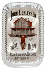 "JOHN EICHLEAY, JR. HOUSE MOVER STEEL STRUCTURAL MATERIAL" GLASS PAPERWEIGHT WITH GREAT GRAPHICS.