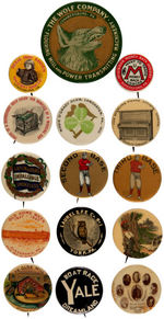 EARLY 1900s EXCELLENT BUTTON GROUP OF 15: ADVERTISING, GUN POWDER, BASEBALL, FIRE & AMUSEMENTS.