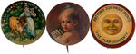 GRAPHIC GROUP OF FIVE EARLY PRODUCT ADVERTISING BUTTONS.