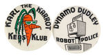 SAN FRANSISCO 1950s KIDS' TV BUTTONS FOR "KARL THE KARROT" AND "DYNAMO DUDLEY."