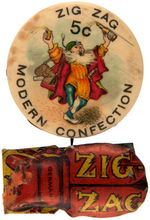 ZIG ZAG CONFECTION EARLY BUTTON PLUS EARLY LITHO TIN CLICKER.