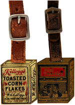 KELLOGG'S AND POST TOASTIES PAIR OF FIGURAL CEREAL WATCH FOBS IN BRASS.