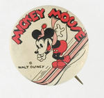 "MICKEY MOUSE" ON SKIS ADVERTISING BUTTON.