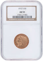 HALF EAGLE INDIAN HEAD 1912-S $5 GOLD COIN NGC AU55.