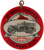 DES MOINES BUTTONS SHOWING FIRE HORSES PLUS 1910 "RED OAK" TRUCK.