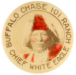 "BUFFALO CHASE 101 RANCH CHIEF WHITE EAGLE" RARE REAL PHOTO HISTORIC BUTTON.