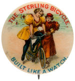 SUPERB COLOR 1898 BUTTON WITH LADIES AND BIKE AT BEACH.