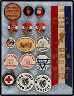 BUTTON GROUP FOR BOY SCOUTS, SUNDAY SCHOOLS, RELIGION, RED CROSS, AND ROLLER SKATING DERBY RIBBON.