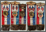 PATRIOTIC ORDER SONS OF AMERICA FIVE RIBBON BADGES MOST WITH WASHINGTON IMAGE.