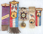 PATRIOTIC ORDER SONS OF AMERICA FIVE ORNATE RIBBON BADGES.