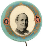 BRYAN RARE 1908 PORTRAIT BUTTON FEATURING IMAGES OF HORSE SHOE AND WISH BONE.