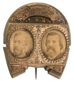 BLAINE/LOGAN CARDBOARD PHOTOS IN HORSE SHOE BRASS SHELL PIN.