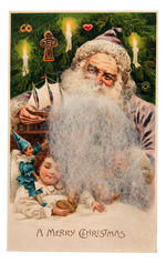 SANTA CLAUS WITH ATTACHED BEARD COVERING TEDDY BEAR EMBOSSED POSTCARD.