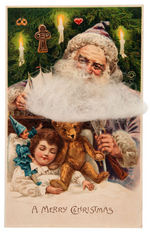 SANTA CLAUS WITH ATTACHED BEARD COVERING TEDDY BEAR EMBOSSED POSTCARD.