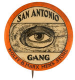 RARE AND EARLY BUT DAMAGED REBUS BUTTON FOR "SAN ANTONIO KNOT-HOLE GANG."